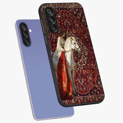 Royal Rider Tapestry Glass Case displayed in angled mockup highlighting traditional tapestry design with royal heritage aesthetic.