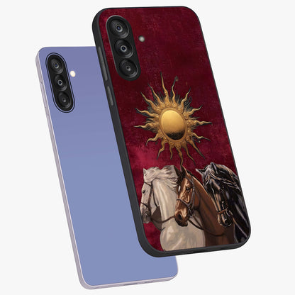 Solar Riders Glass Case displayed in angled mockup highlighting powerful rider illustration with radiant solar aesthetic.