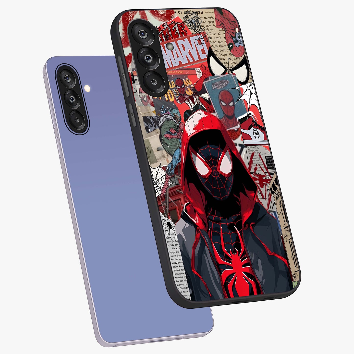 Spider Collage Street Glass Case displayed in angled mockup highlighting dynamic street style collage design with comic aesthetic.