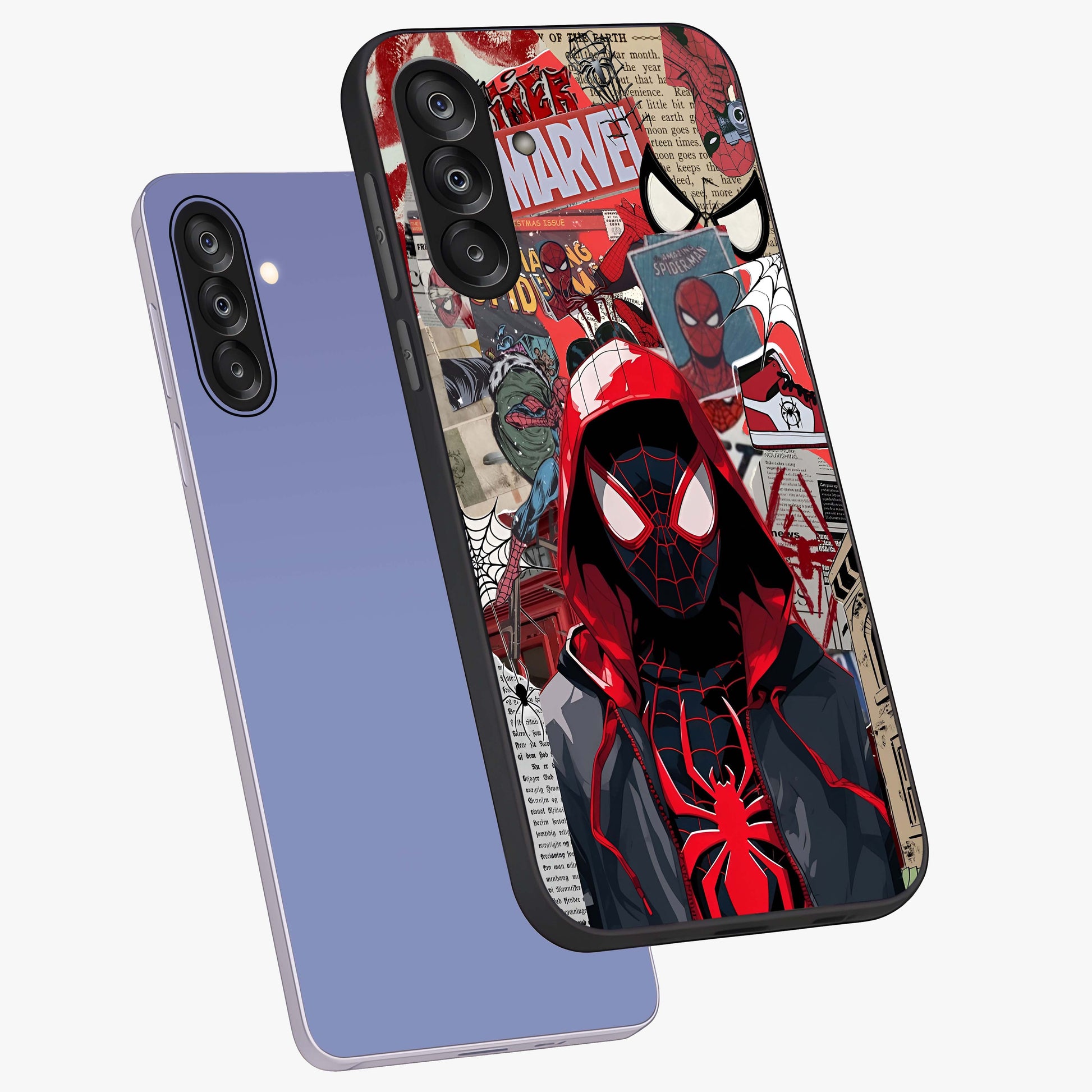Spider Collage Street Glass Case displayed in angled mockup highlighting dynamic street style collage design with comic aesthetic.