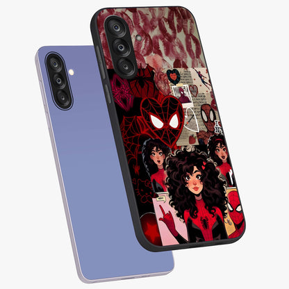 Spider Love Story Glass Case displayed in angled mockup highlighting expressive comic inspired design with playful aesthetic.