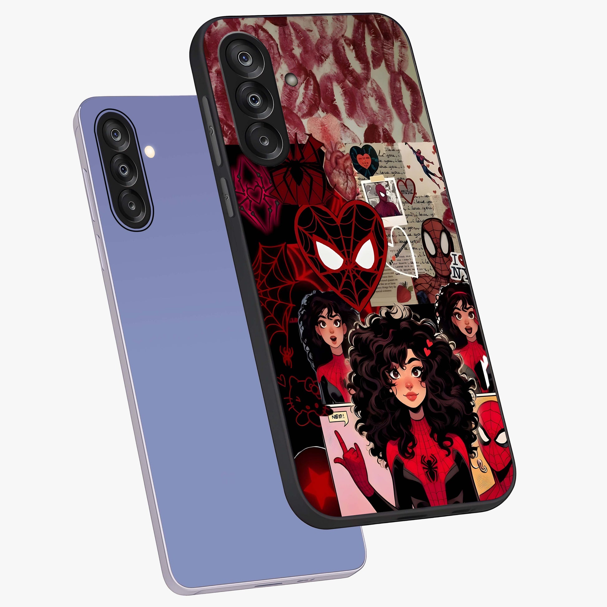 Spider Love Story Glass Case displayed in angled mockup highlighting expressive comic inspired design with playful aesthetic.