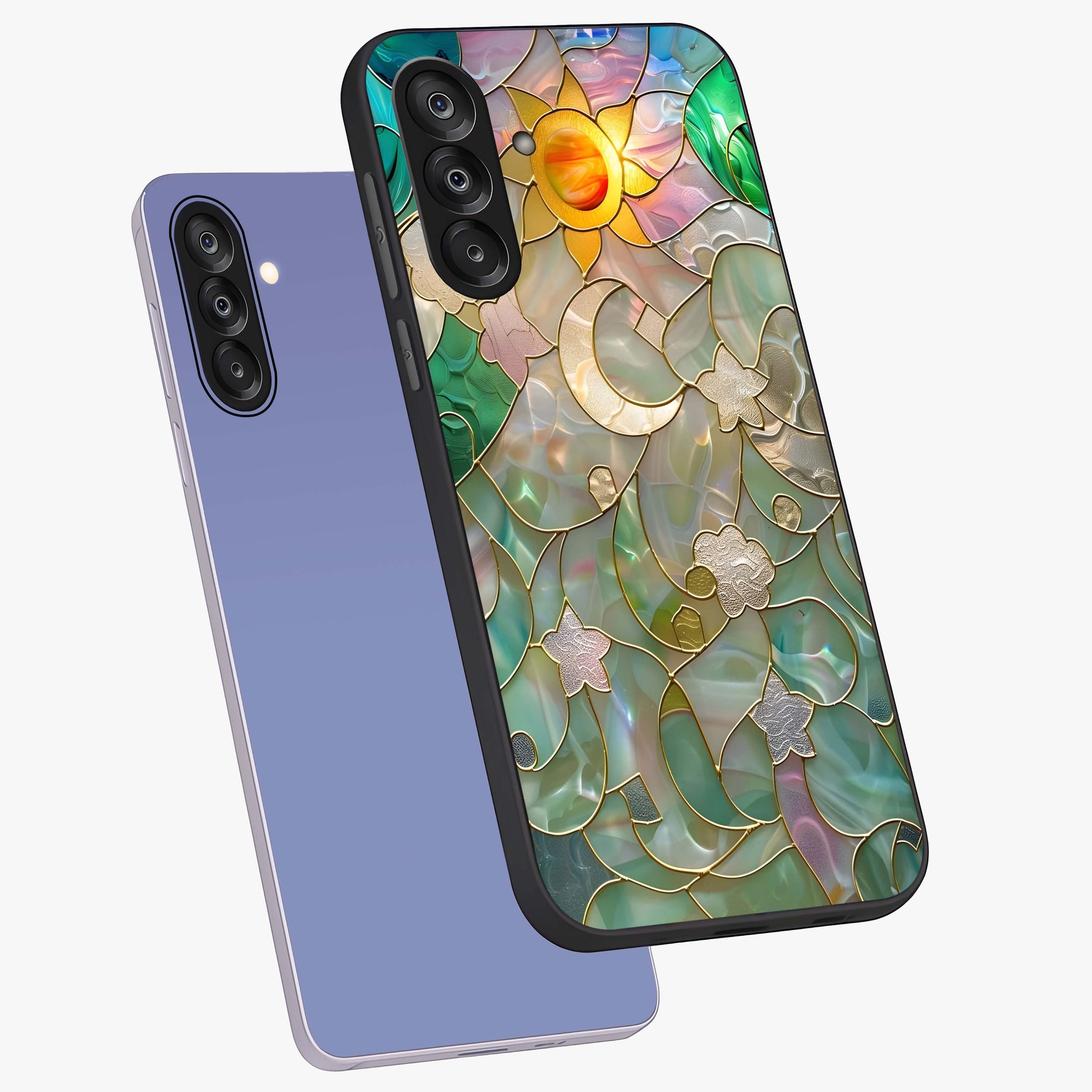 Stained Sunrise Glow Glass Case displayed in angled mockup highlighting radiant sunrise design with artistic aesthetic style.