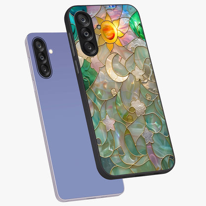 Stained Sunrise Glow Glass Case displayed in angled mockup highlighting radiant sunrise design with artistic aesthetic style.