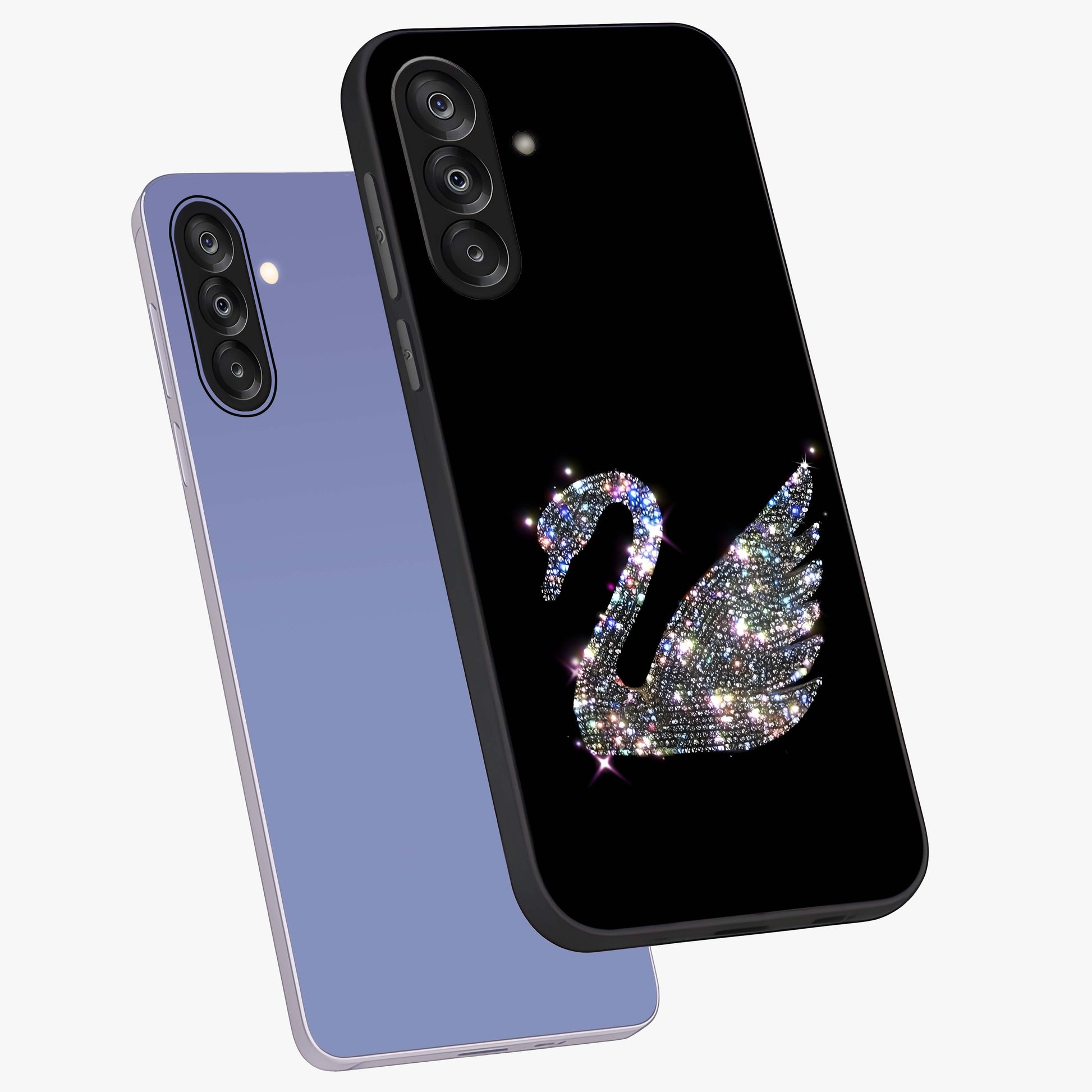 Starlit Swan Grace Glass Case displayed in angled mockup highlighting elegant swan illustration with dreamy celestial aesthetic.
