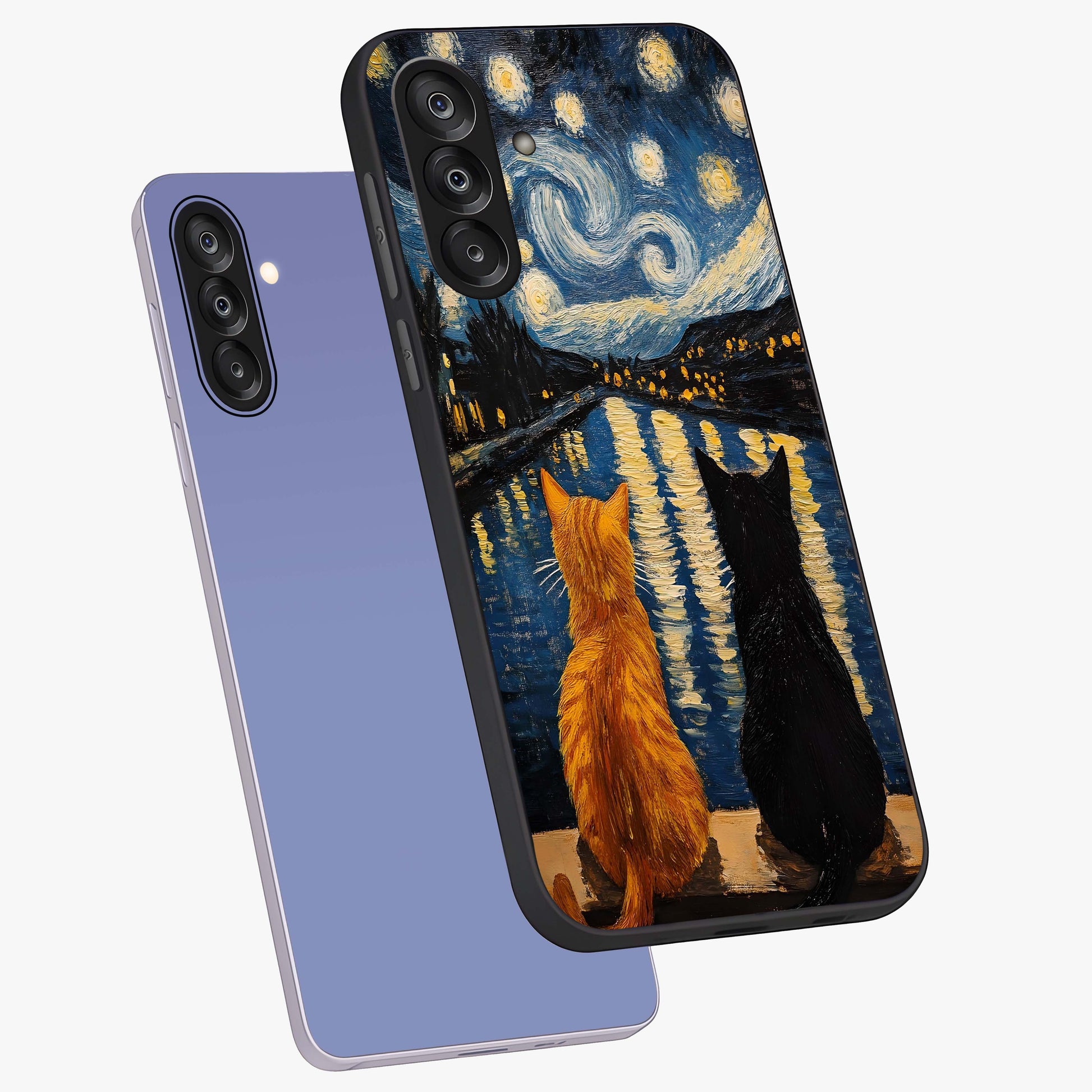 Starry River Cats Glass Case displayed in angled mockup highlighting charming feline illustration with dreamy night aesthetic.