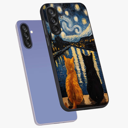Starry River Cats Glass Case displayed in angled mockup highlighting charming feline illustration with dreamy night aesthetic.