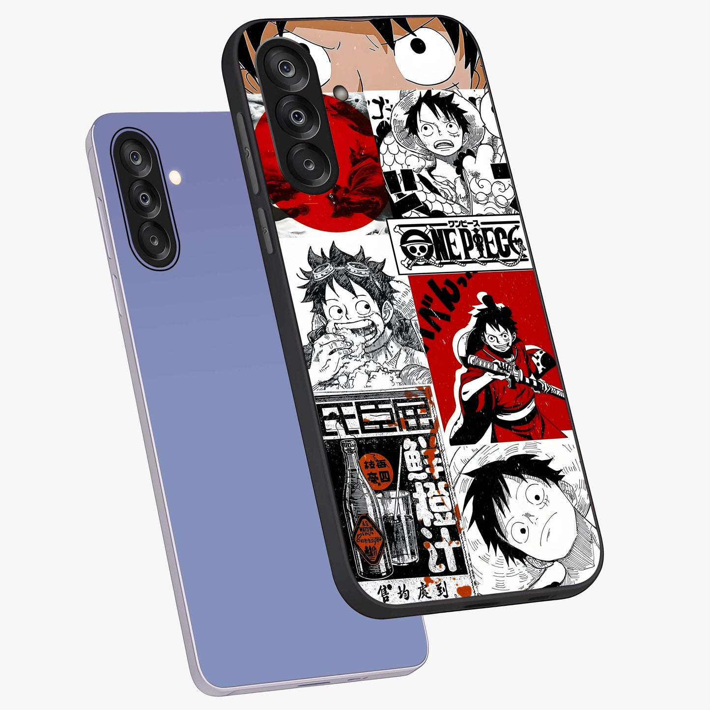 Strawhat Chaos Panels Glass Case displayed in angled mockup highlighting vibrant anime collage design with action aesthetic.