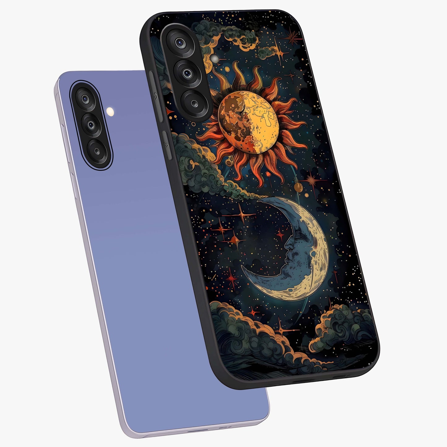 Sun And Moon Magic Design Glass Case displayed in angled mockup highlighting celestial design with magical cosmic aesthetic.