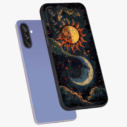 Sun And Moon Magic Design Glass Case displayed in angled mockup highlighting celestial design with magical cosmic aesthetic.