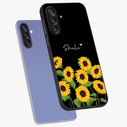 Sunflower Chic Mood Custom Name Glass Case displayed in angled mockup highlighting vibrant sunflower design with custom name feature.