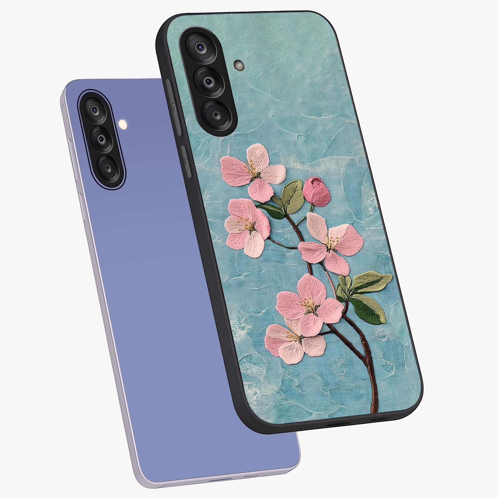 Threaded Blossom Breeze Glass Case displayed in angled mockup highlighting elegant floral design with soft aesthetic style.