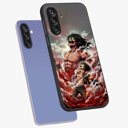 Titan Awakening Fury Glass Case displayed in angled mockup highlighting dramatic giant warrior design with bold anime aesthetic.