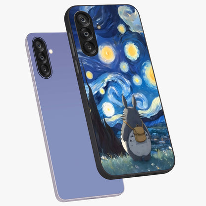 Totoro In Van Gogh Art Glass Case displayed in angled mockup highlighting artistic swirling sky design with playful animation aesthetic.