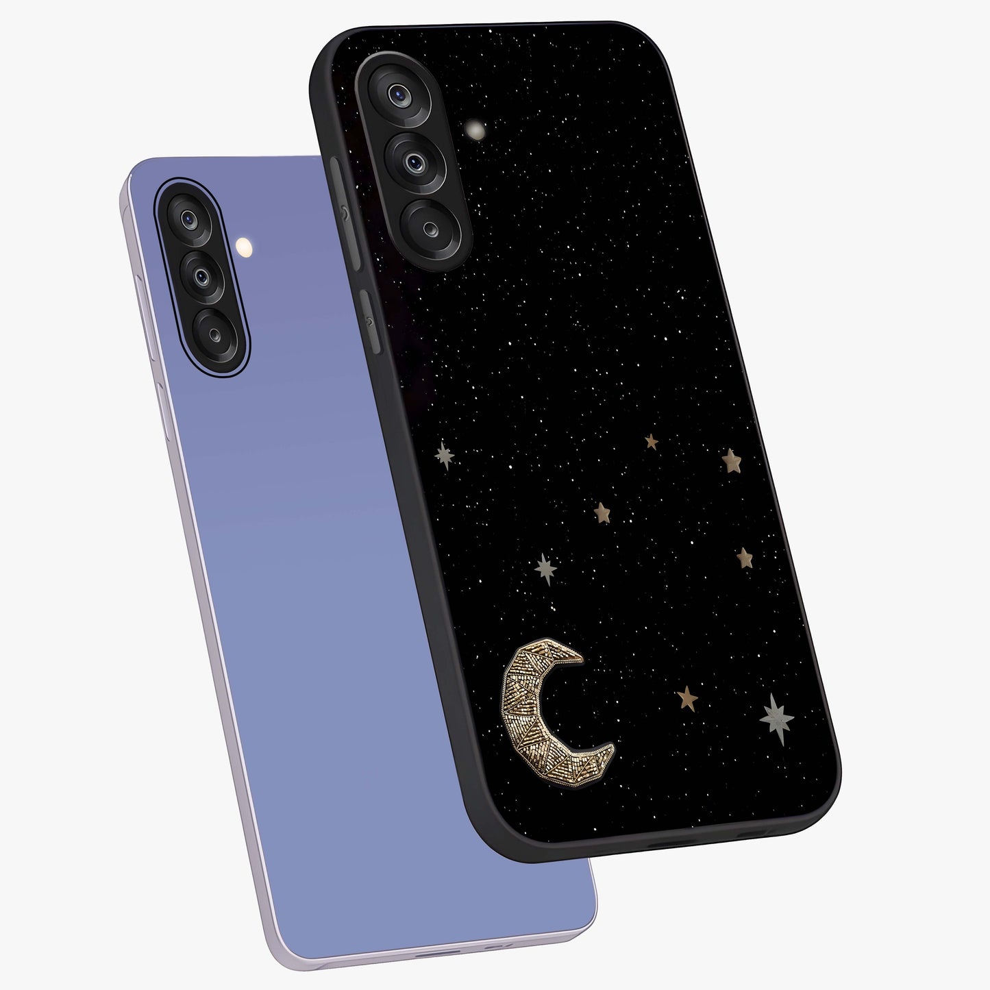 Twinkle Star With Half Moon Glass Case displayed in angled mockup highlighting celestial moon and star design with magical aesthetic.