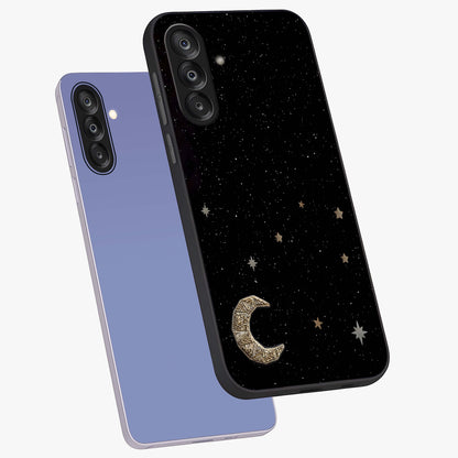 Twinkle Star With Half Moon Glass Case displayed in angled mockup highlighting celestial moon and star design with magical aesthetic.