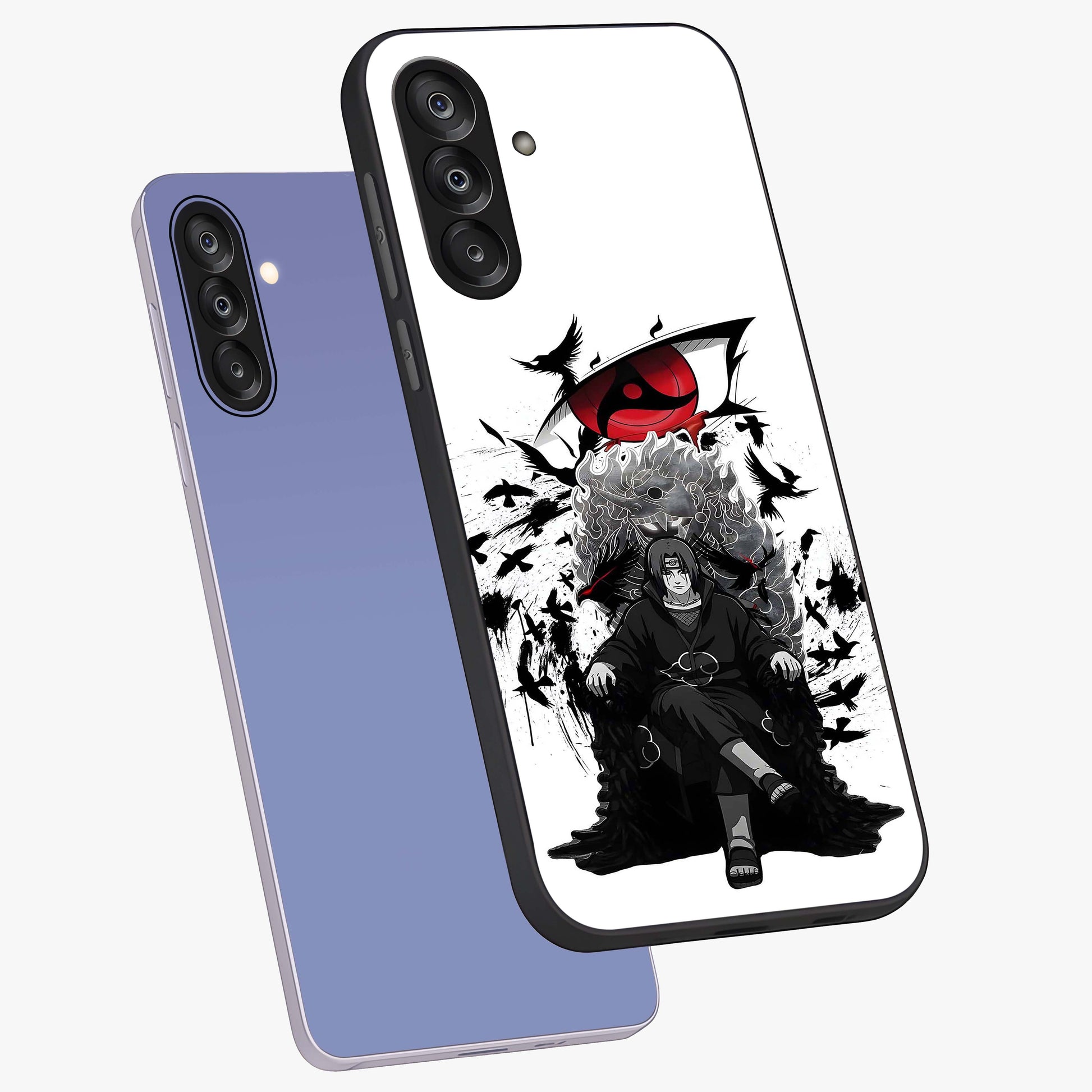 Uchiha Shadow Throne Glass Case displayed in angled mockup highlighting glowing aquatic design with celestial aesthetic.