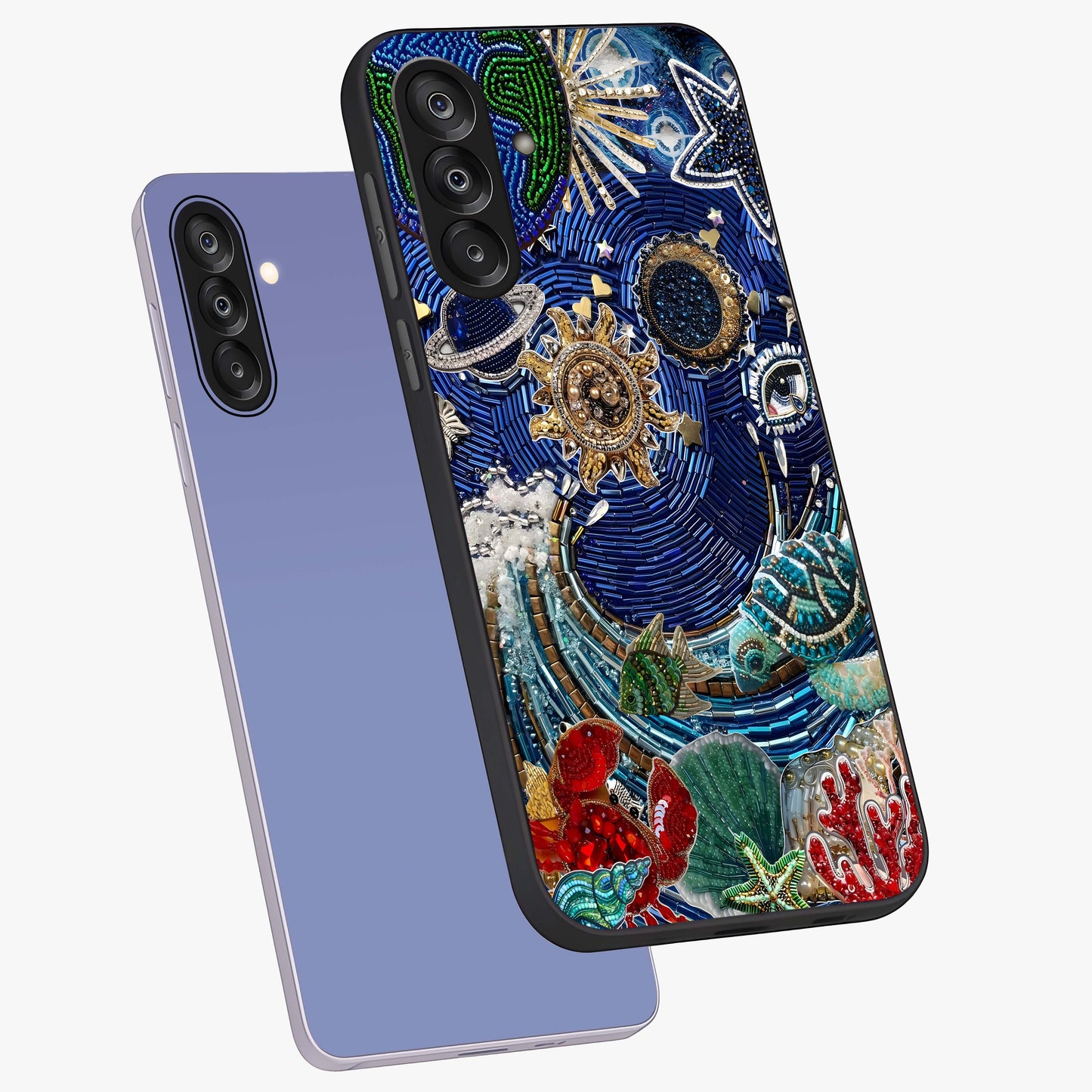 Universe Underwater Spark Glass Case displayed in angled mockup highlighting glowing aquatic design with celestial aesthetic.