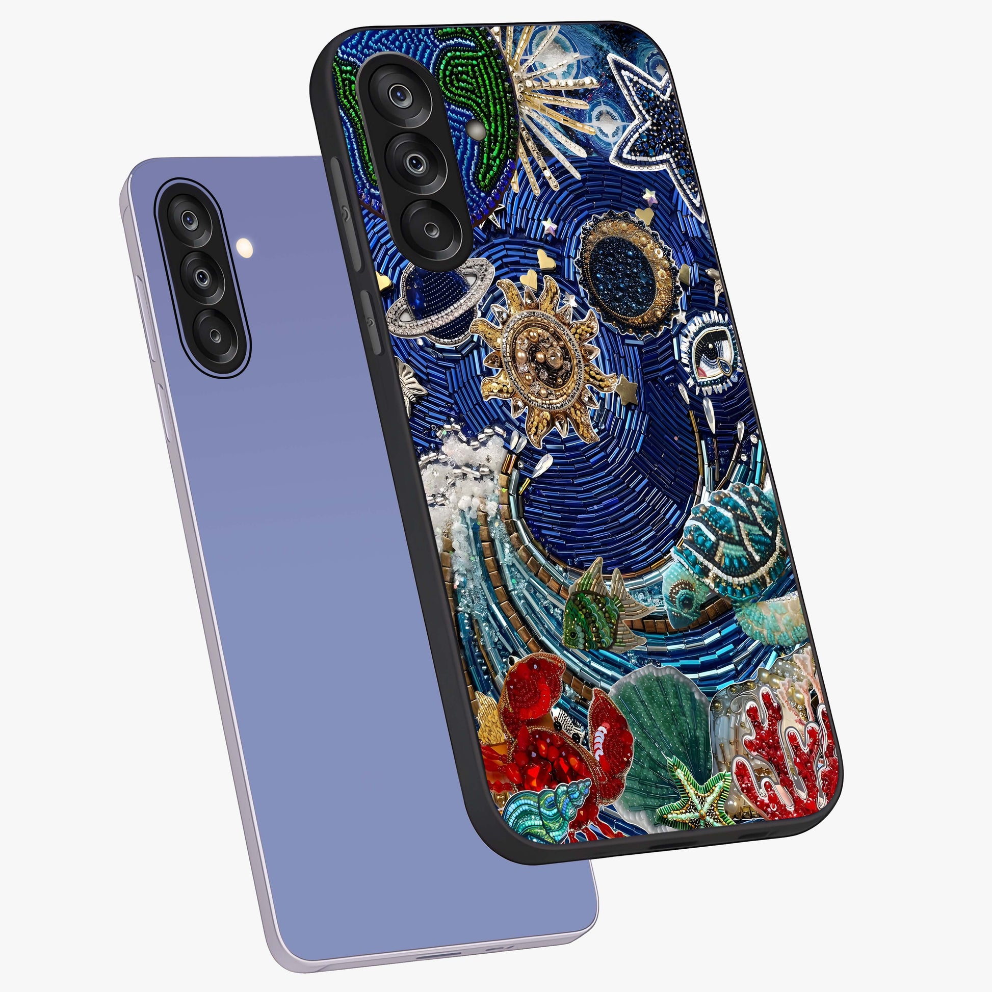 Universe Underwater Spark Glass Case displayed in angled mockup highlighting glowing aquatic design with celestial aesthetic.
