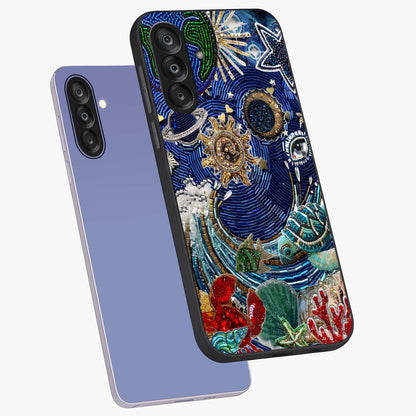 Universe Underwater Spark Glass Case displayed in angled mockup highlighting glowing aquatic design with celestial aesthetic.
