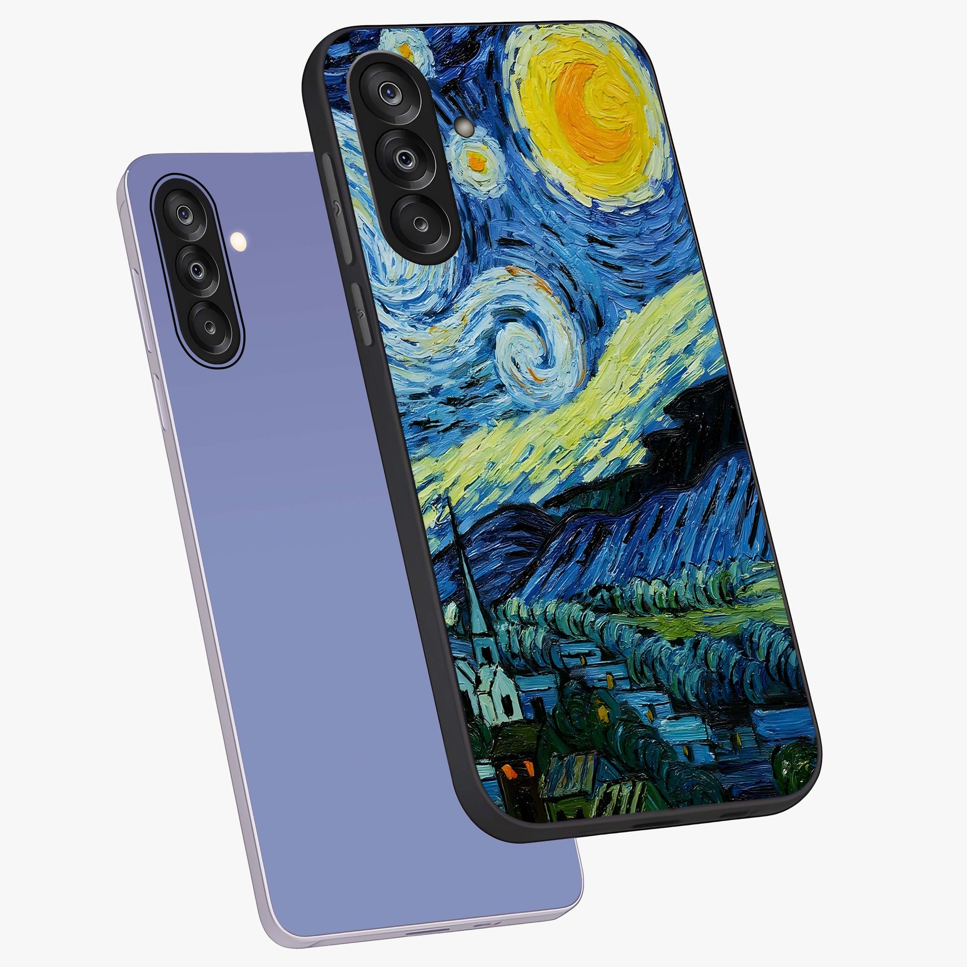 Van Gogh Art Glass Case displayed in angled mockup highlighting swirling brushstroke design with artistic aesthetic.