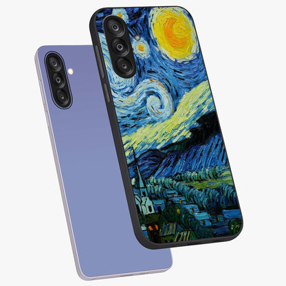 Van Gogh Art Glass Case displayed in angled mockup highlighting swirling brushstroke design with artistic aesthetic.