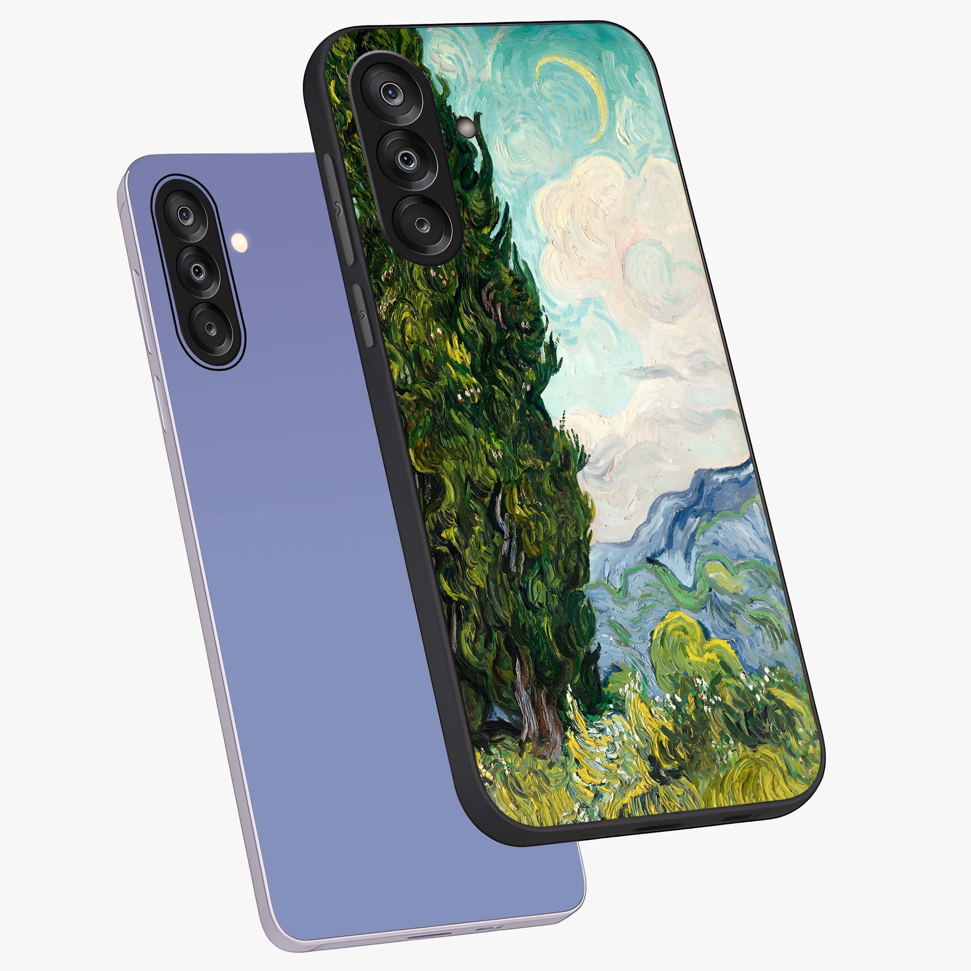 Van Gogh Vintage Art Glass Case displayed in angled mockup highlighting textured brushstroke design with classic aesthetic.