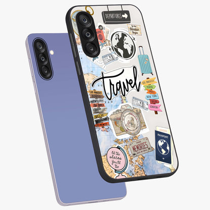 Wanderlust Journal Glass Case displayed in angled mockup highlighting adventure themed design with aesthetic travel vibe.