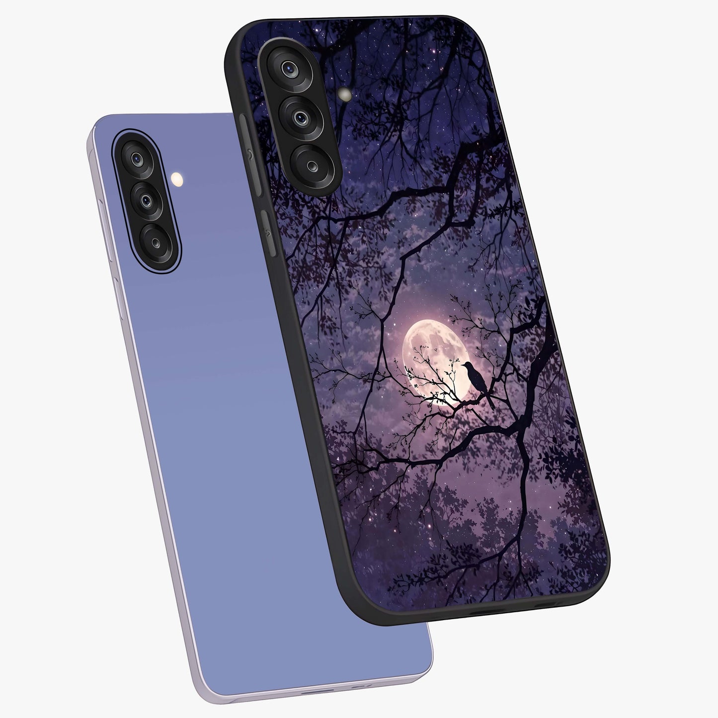 Whispering Moon Silence Glass Case displayed in angled mockup highlighting calm lunar design with dreamy night aesthetic.