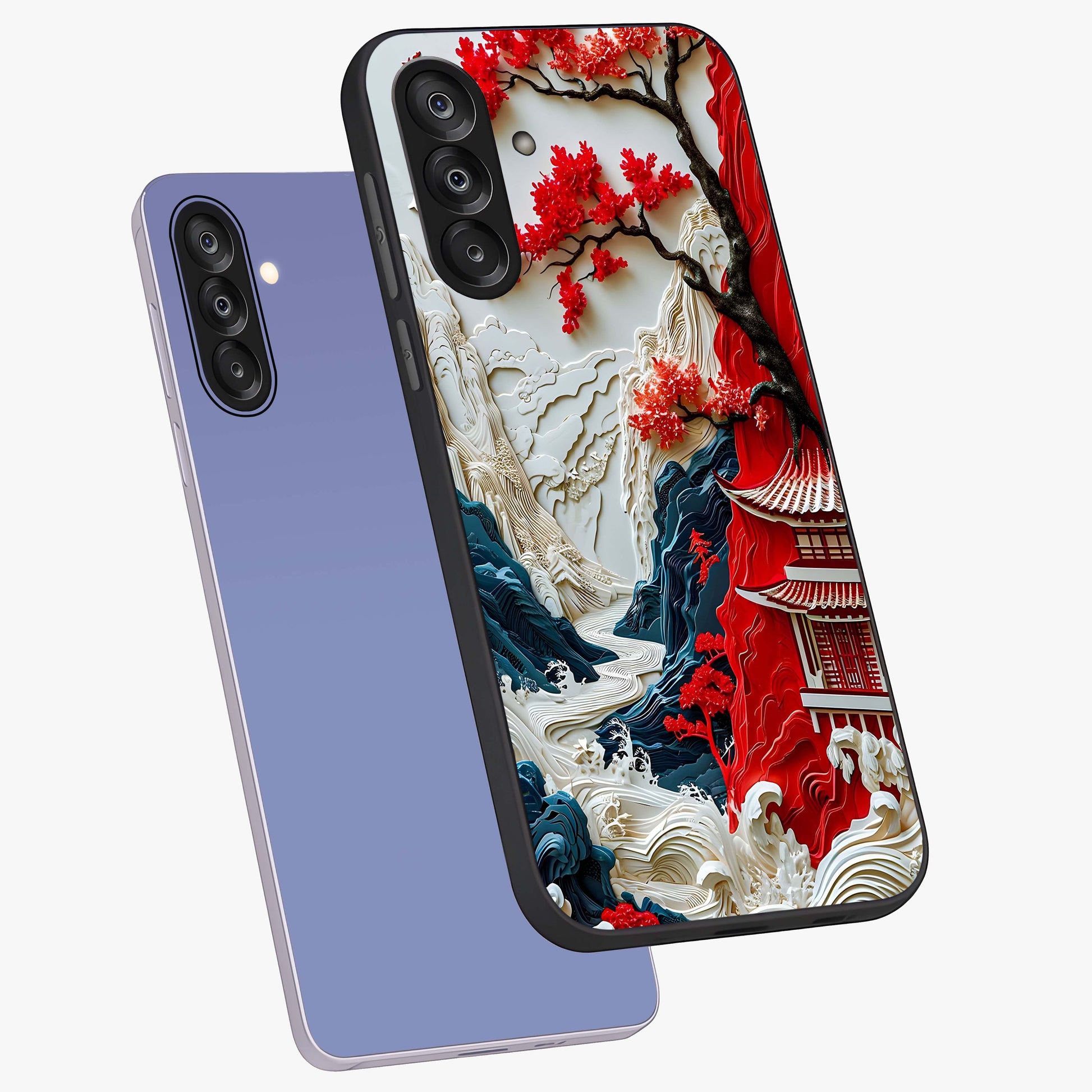 Whispers Of Sakura Waves Glass Case displayed in angled mockup highlighting flowing sakura design with soft floral aesthetic.