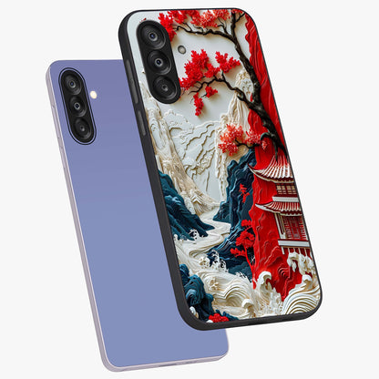 Whispers Of Sakura Waves Glass Case displayed in angled mockup highlighting flowing sakura design with soft floral aesthetic.