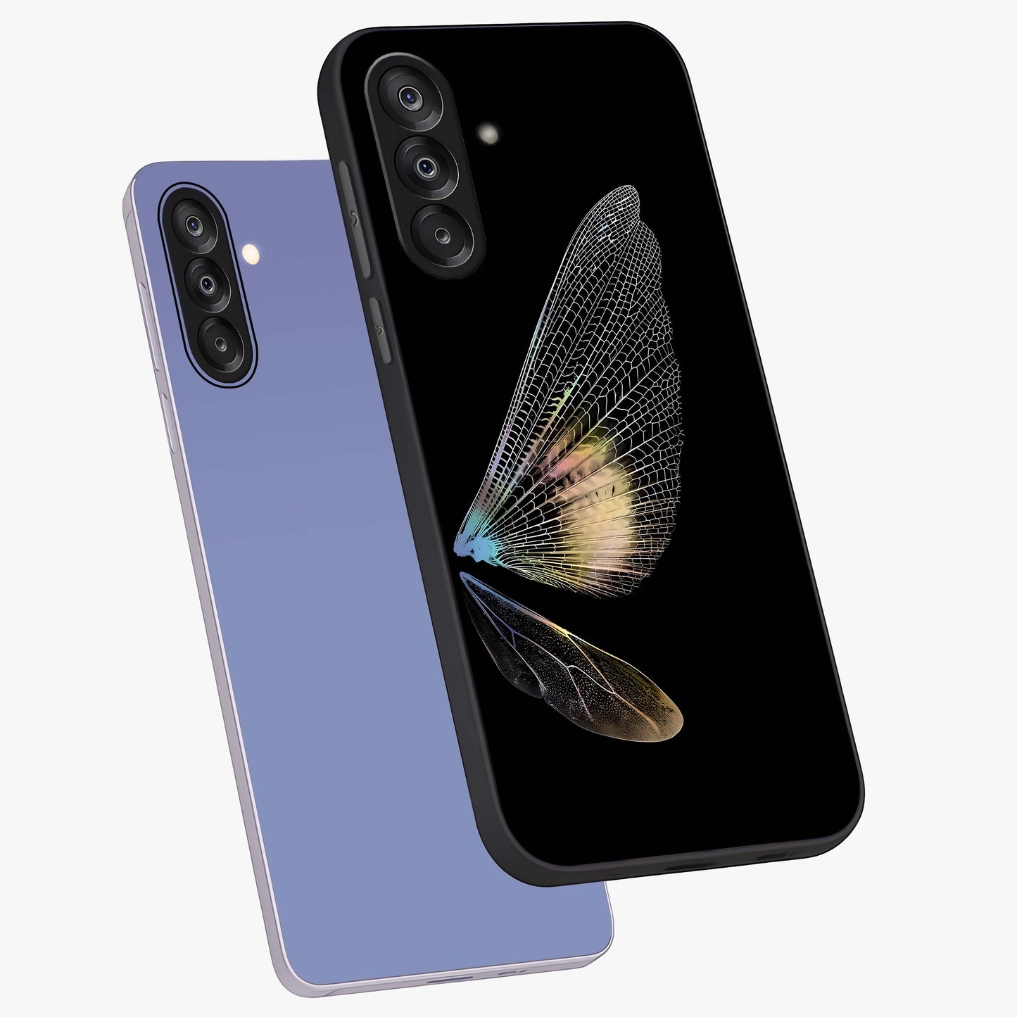 Whispers Of Wings Glass Case displayed in angled mockup highlighting soft feather design with celestial aesthetic style.