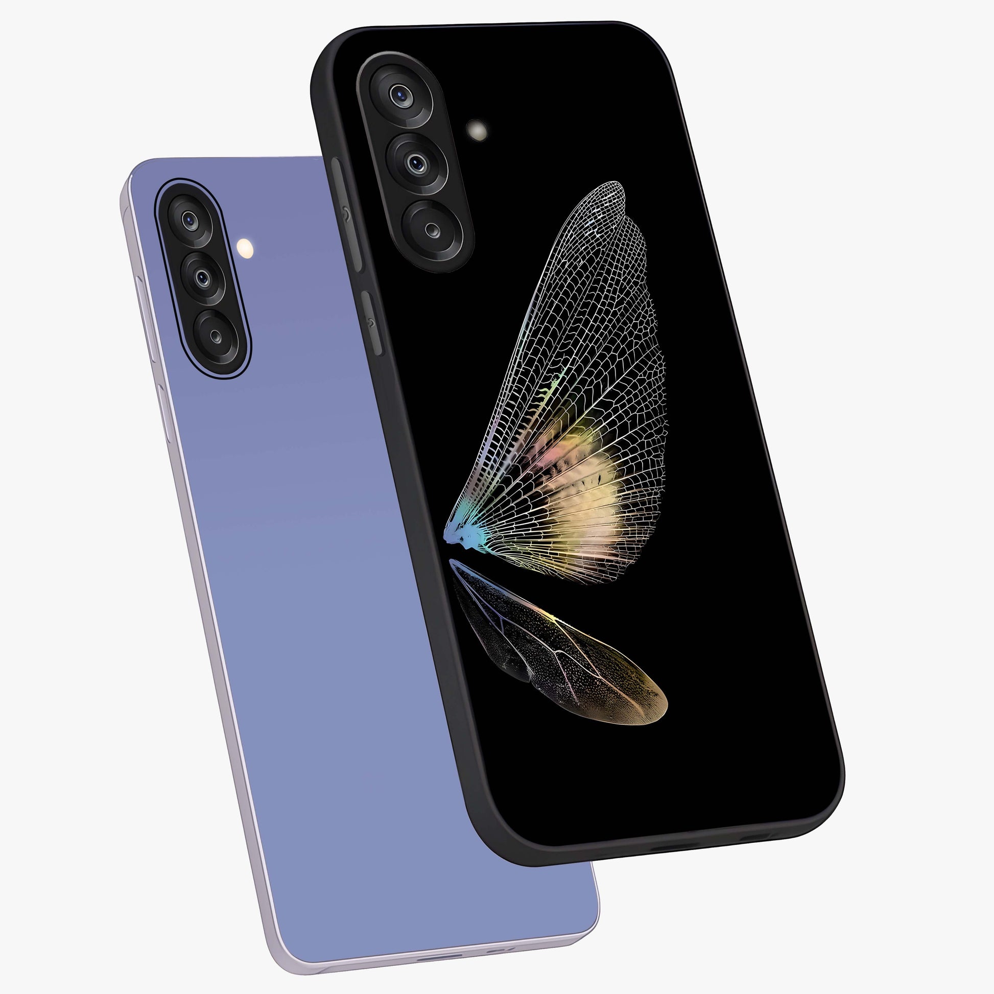 Whispers Of Wings Glass Case displayed in angled mockup highlighting soft feather design with celestial aesthetic style.