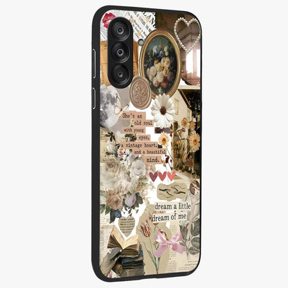 Aesthetic Brown Vintage Collage Glass Case upright view showcasing nostalgic retro artwork with stylish vintage theme.