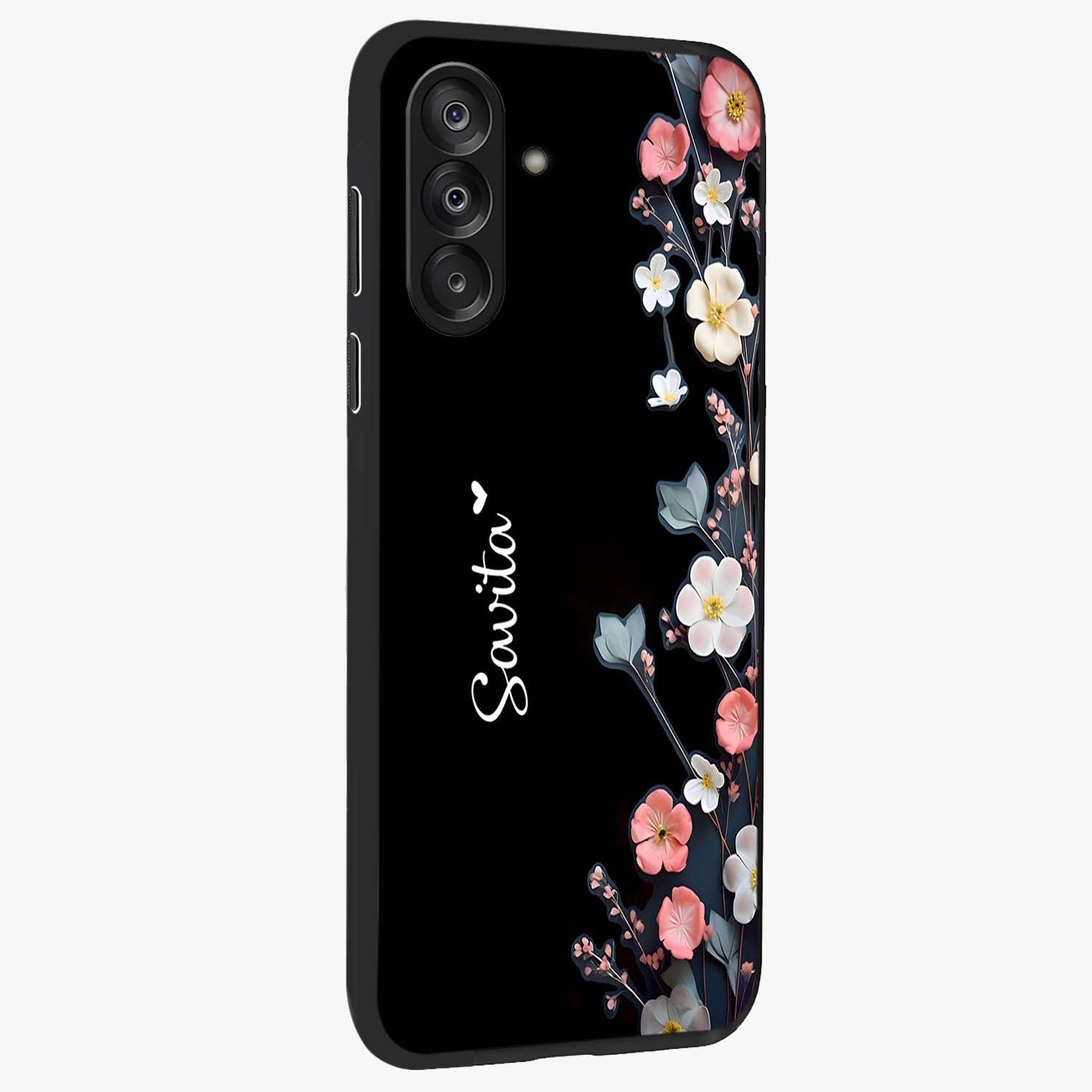 Black Elegance Floral Custom Name Glass Case upright view showcasing luxurious black floral design with personalized name detail.