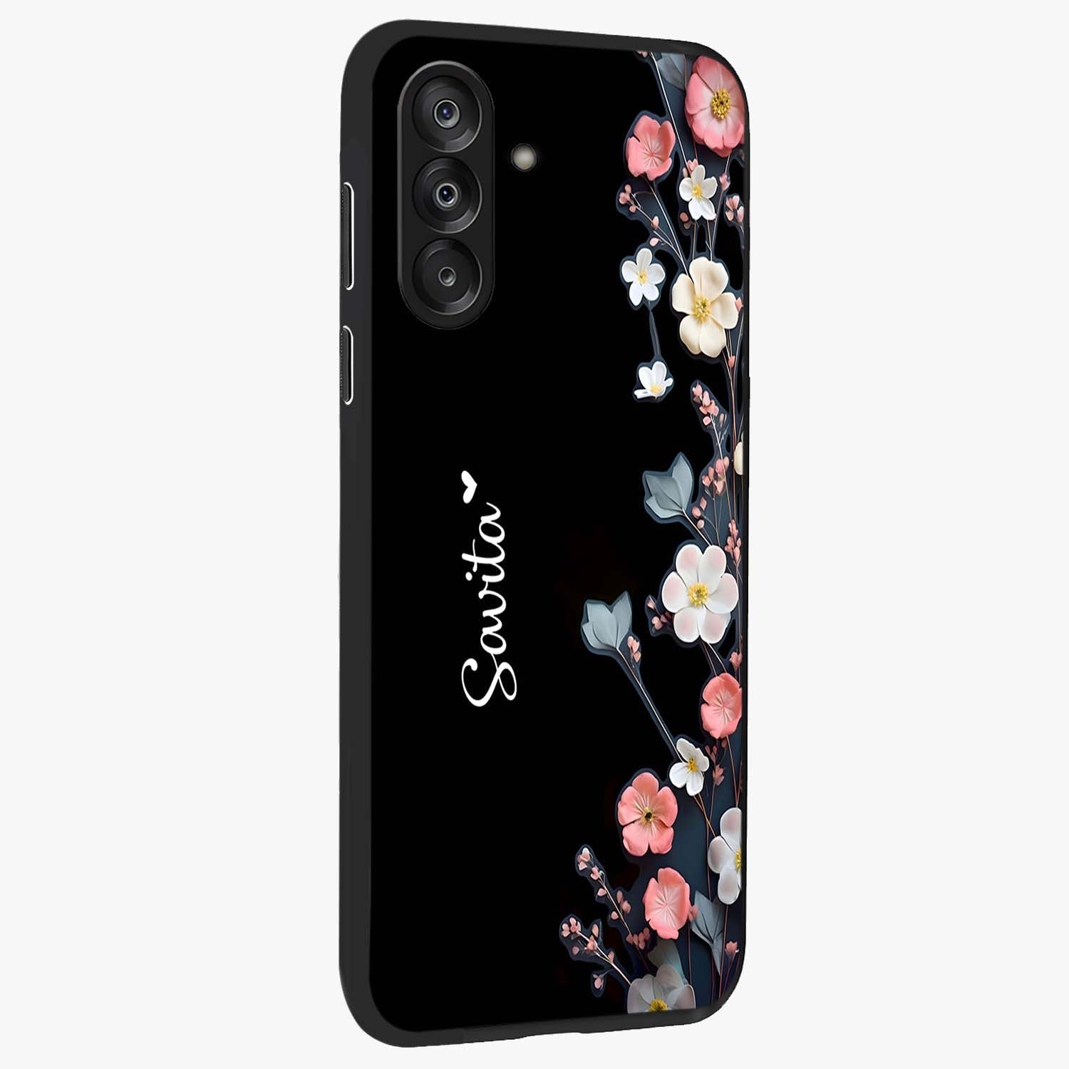 Black Elegance Floral Custom Name Glass Case upright view showcasing luxurious black floral design with personalized name detail.