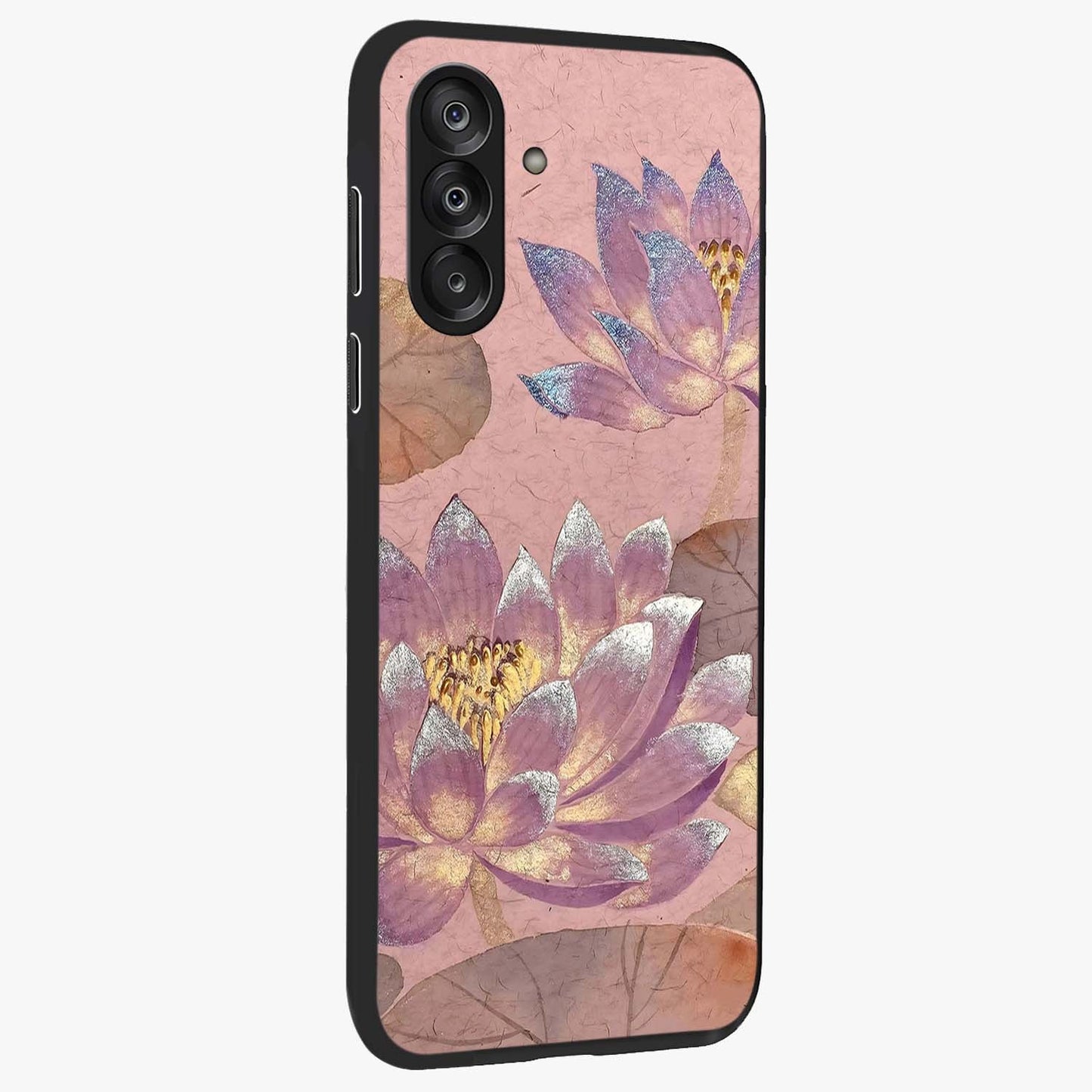 Blossom Mist Lotus Glass Case upright view showcasing graceful lotus flower design with peaceful botanical style.