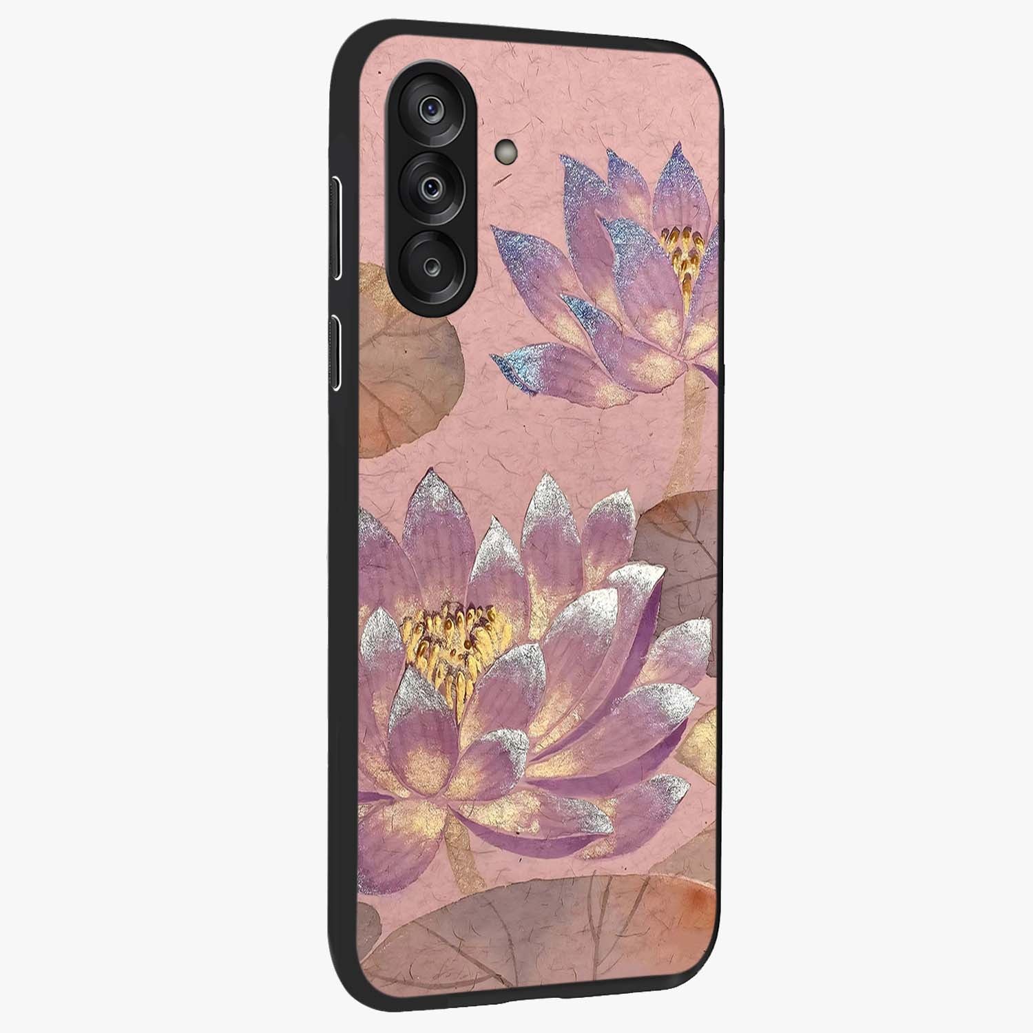 Blossom Mist Lotus Glass Case upright view showcasing graceful lotus flower design with peaceful botanical style.