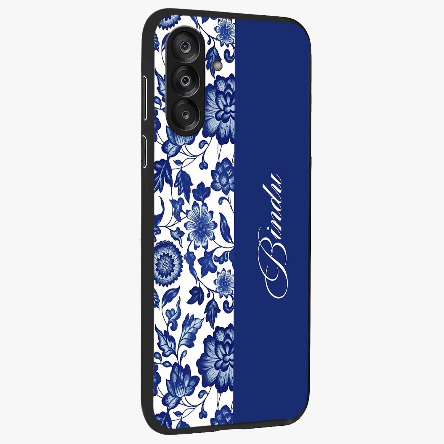 Blue Vintage Floral Pattern Glass Case upright view showcasing delicate blush floral texture with modern minimal style.