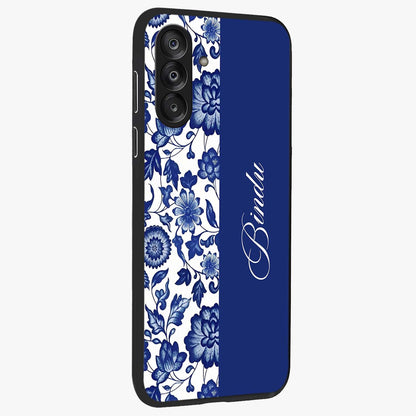 Blue Vintage Floral Pattern Glass Case upright view showcasing delicate blush floral texture with modern minimal style.