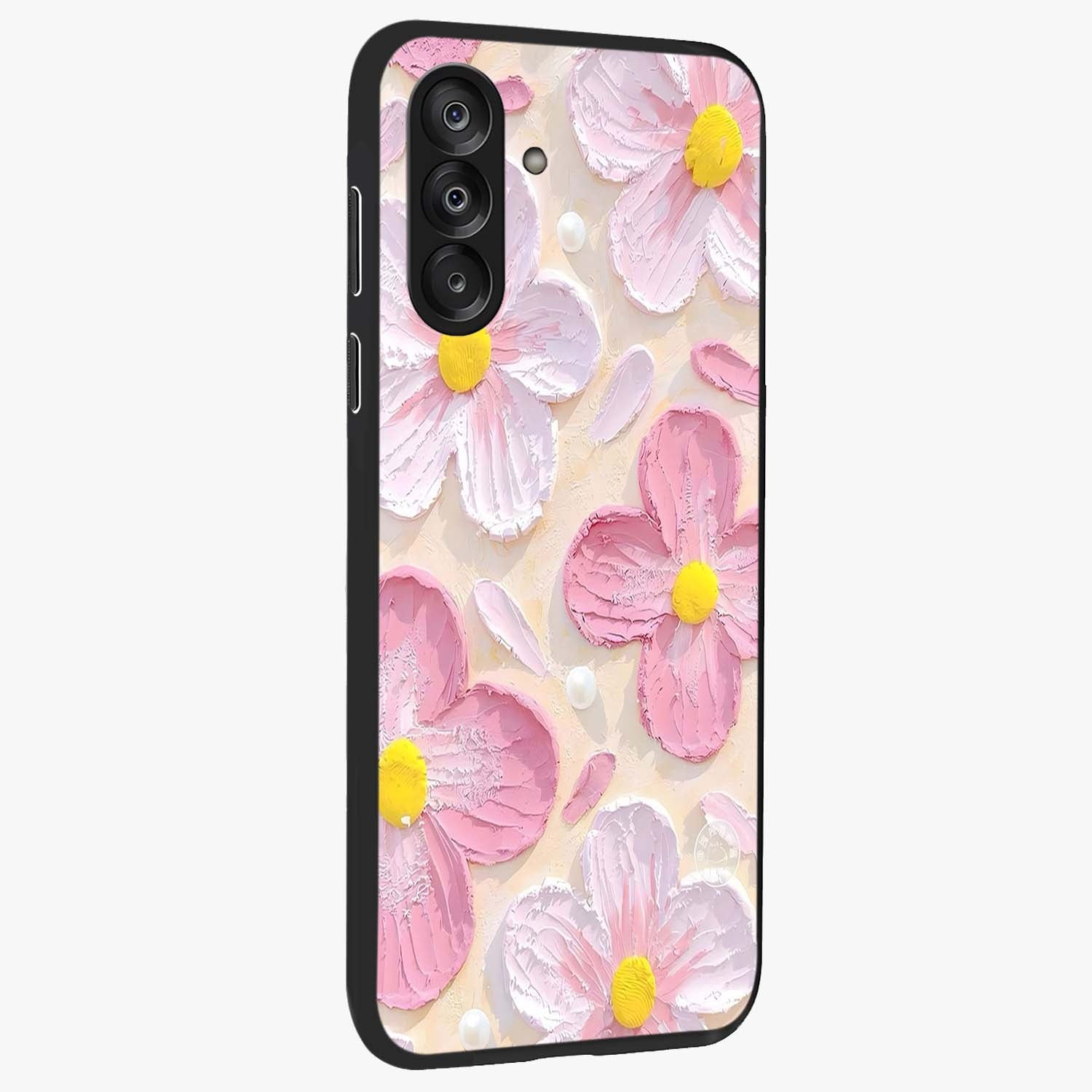 Blush Bloom Texture Glass Case upright view showcasing delicate blush floral texture with modern minimal style.