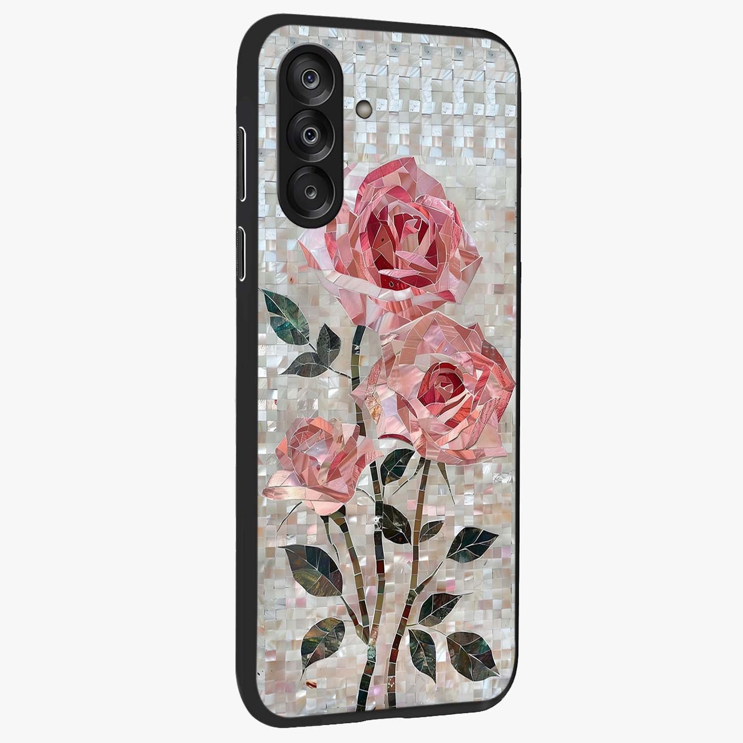Blush Mosaic Bloom Glass Case upright view showcasing decorative floral mosaic artwork with stylish modern aesthetic.