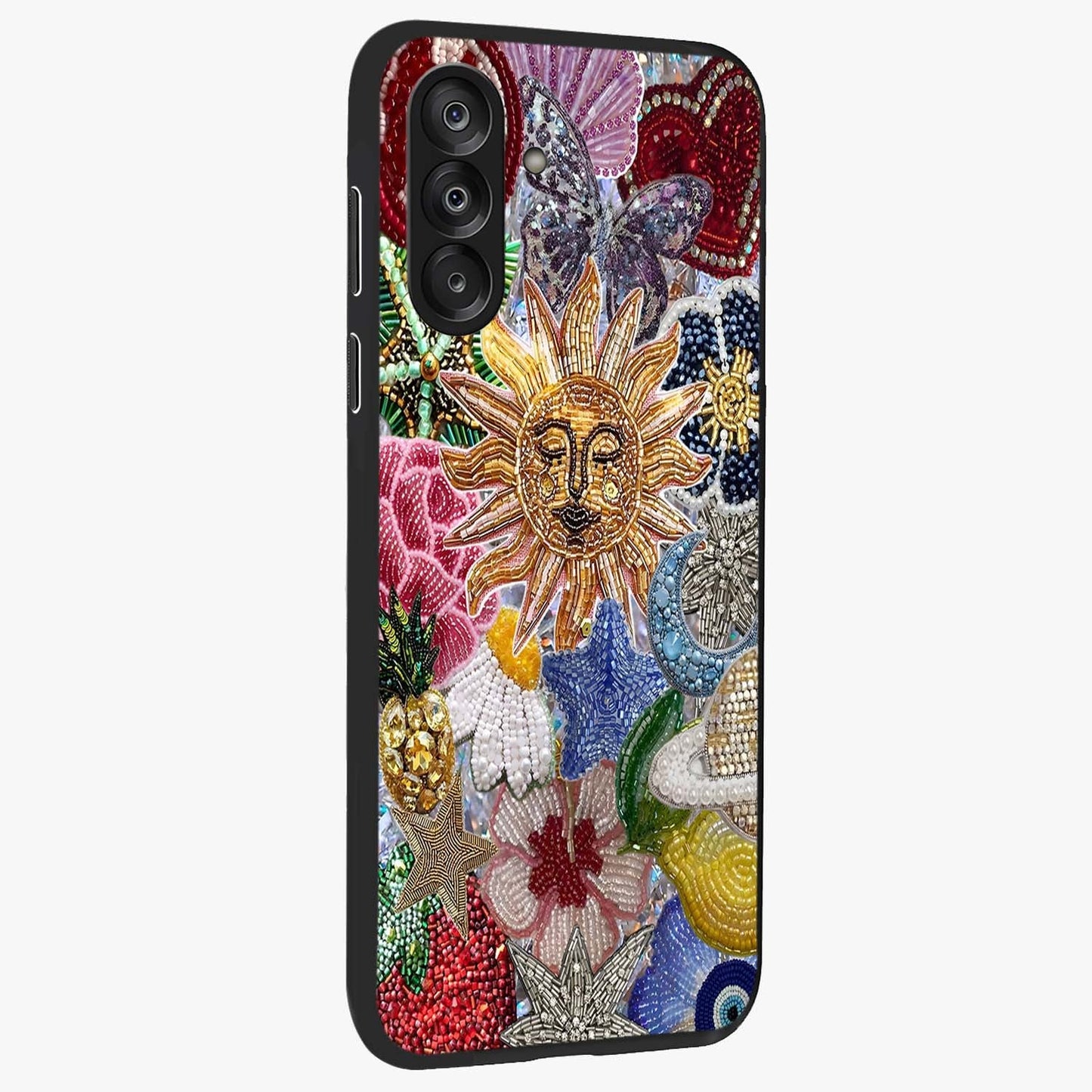 Celestial Floral and Playful Glass Case upright view showcasing whimsical floral artwork with cosmic aesthetic theme.