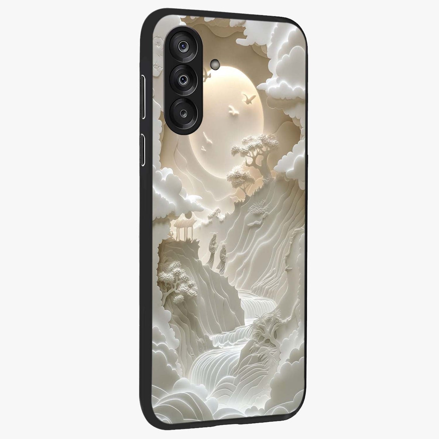 Celestial Origami Glass Case upright view showcasing creative origami artwork with modern celestial style.