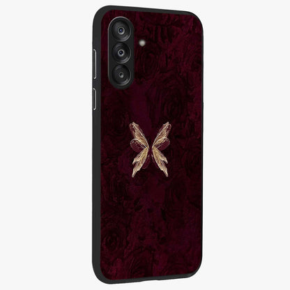 Crimson Fade Butterfly Glass Case upright view showcasing graceful butterfly artwork with soft crimson fade effect.