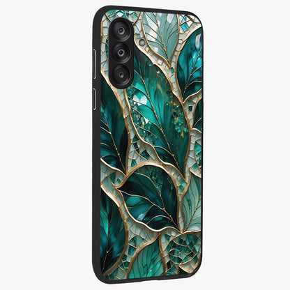 Emerald Leaf Glass Glass Case upright view showcasing fresh green leaf artwork with calming nature inspired style.