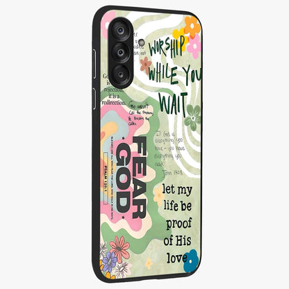 Faith Over Fear Glass Case upright view showcasing bold typography artwork with uplifting motivational theme.