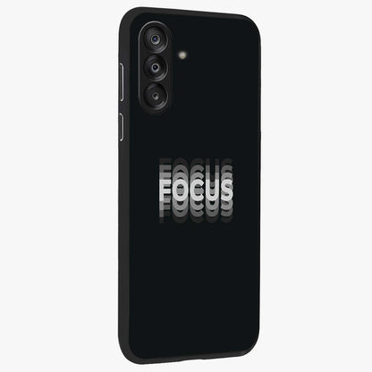 Focus Mode On Glass Case upright view showcasing strong typography statement with sleek motivational theme.