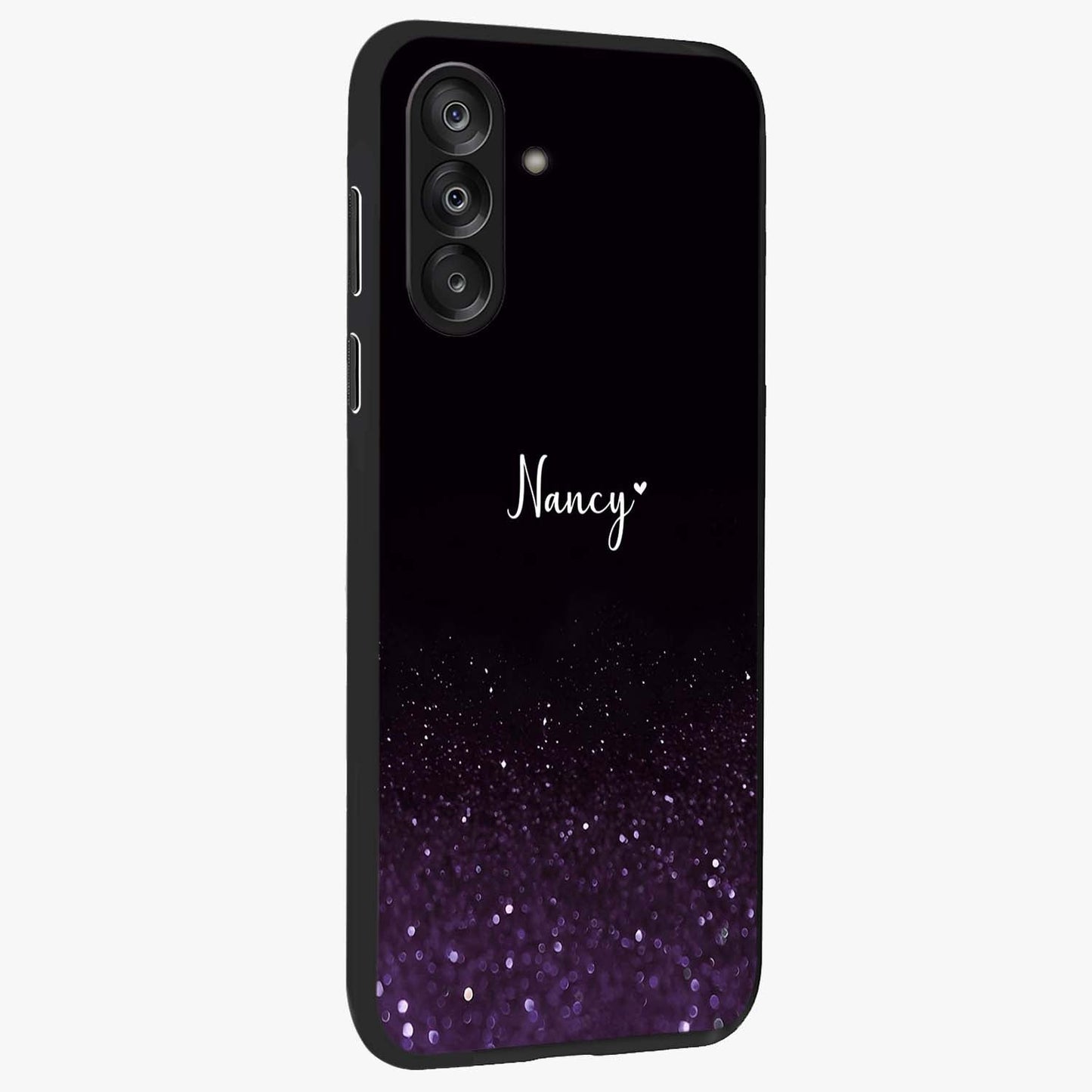 Glittery Purple Bokeh Custom Name Glass Case upright view showcasing vibrant purple sparkle artwork with personalized aesthetic style.