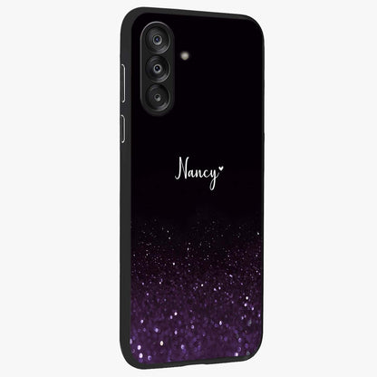 Glittery Purple Bokeh Custom Name Glass Case upright view showcasing vibrant purple sparkle artwork with personalized aesthetic style.